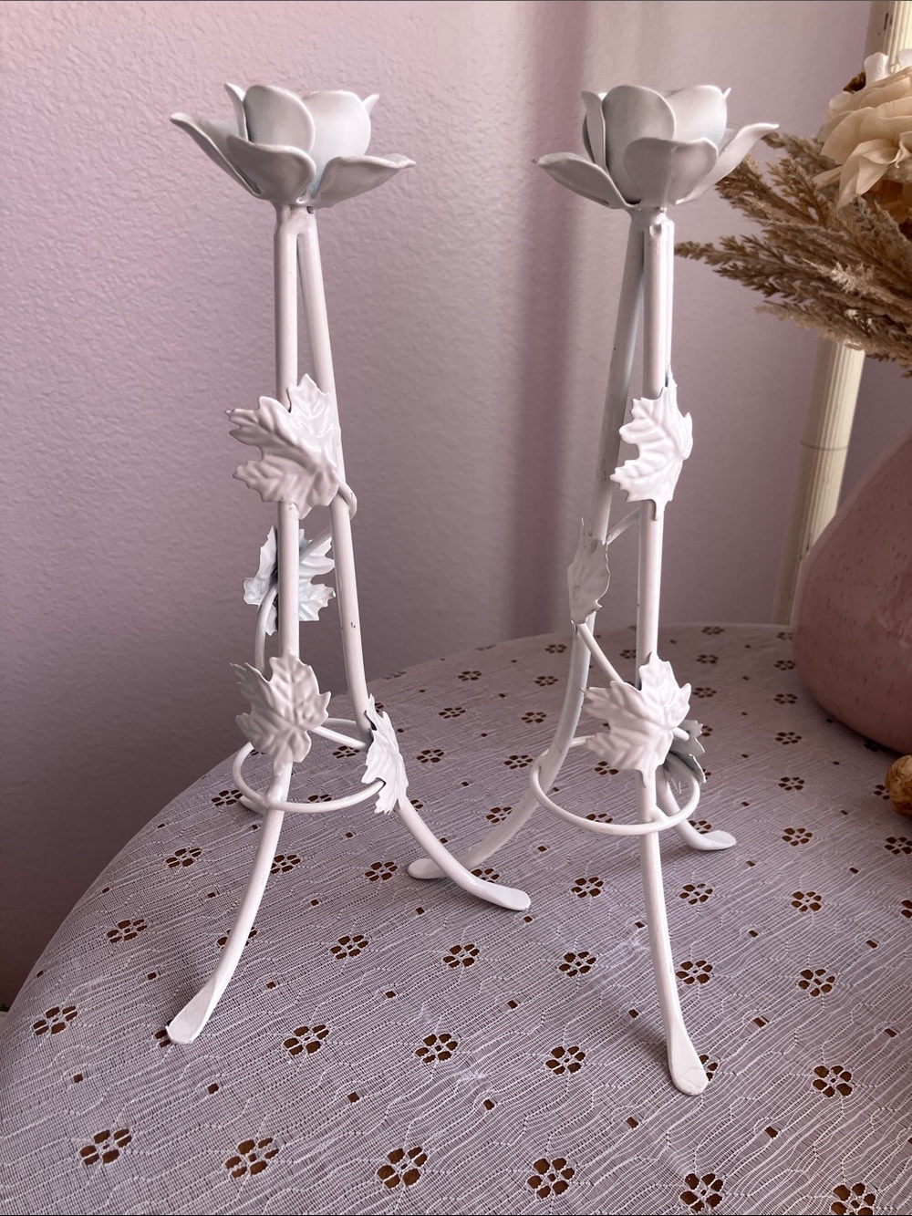 Pair of White Floral Metal Candle Holders
